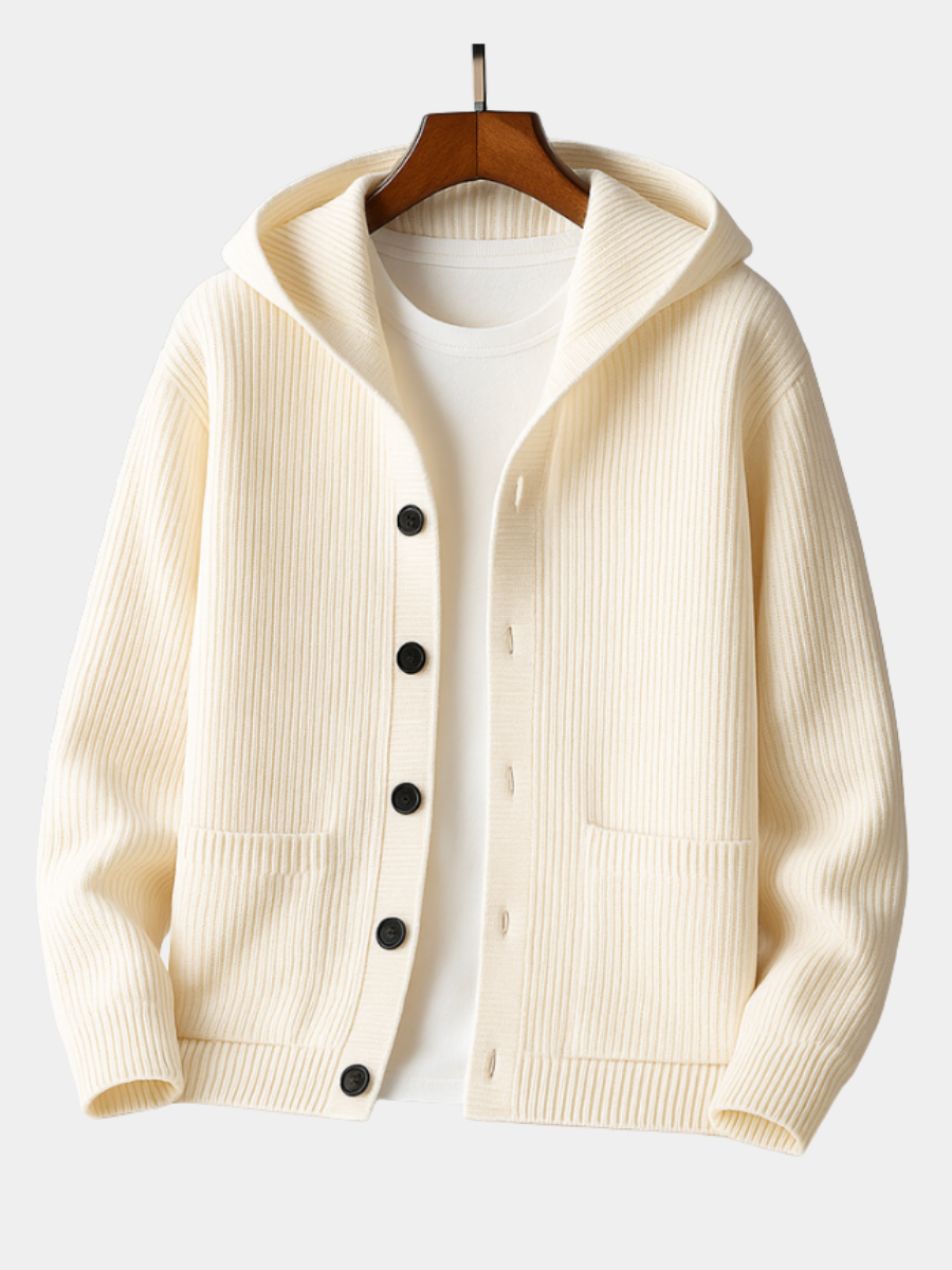 Men's Cardigan | Hooded Knit Ribbed Hem Button Closure