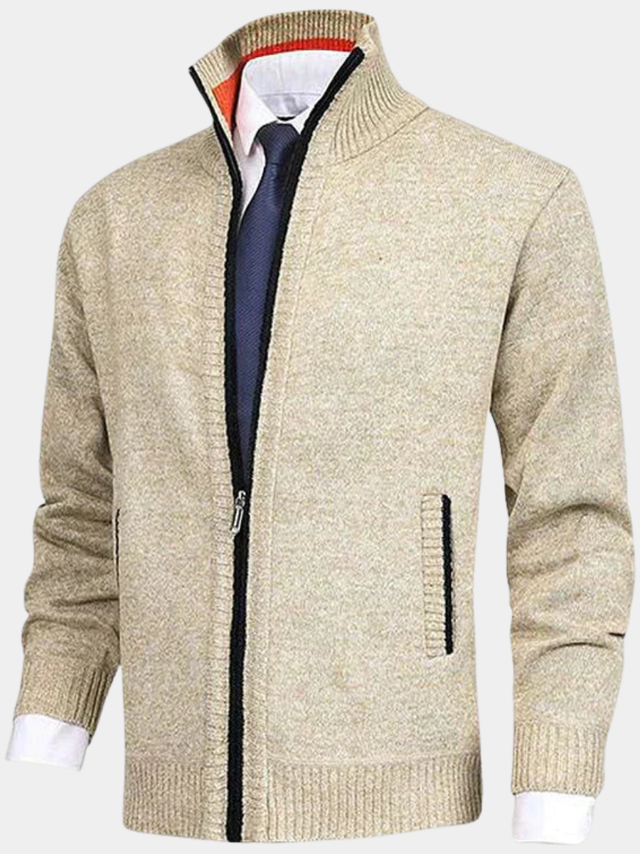 Men's Cardigan | High Neck Full Zip Knit Ribbed Cuff