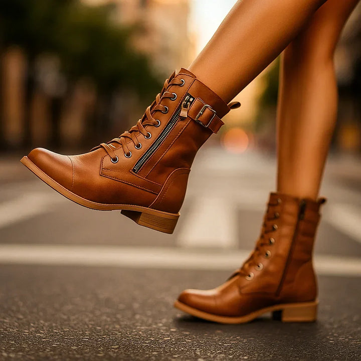 Brown Boots For Women | Mid Calf Lace Up Buckle Strap Leather