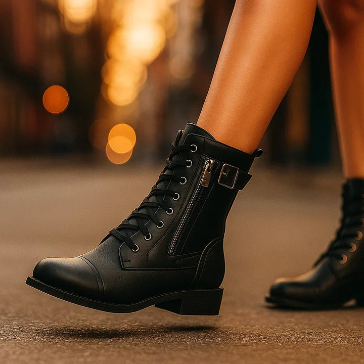 Brown Boots For Women | Mid Calf Lace Up Buckle Strap Leather