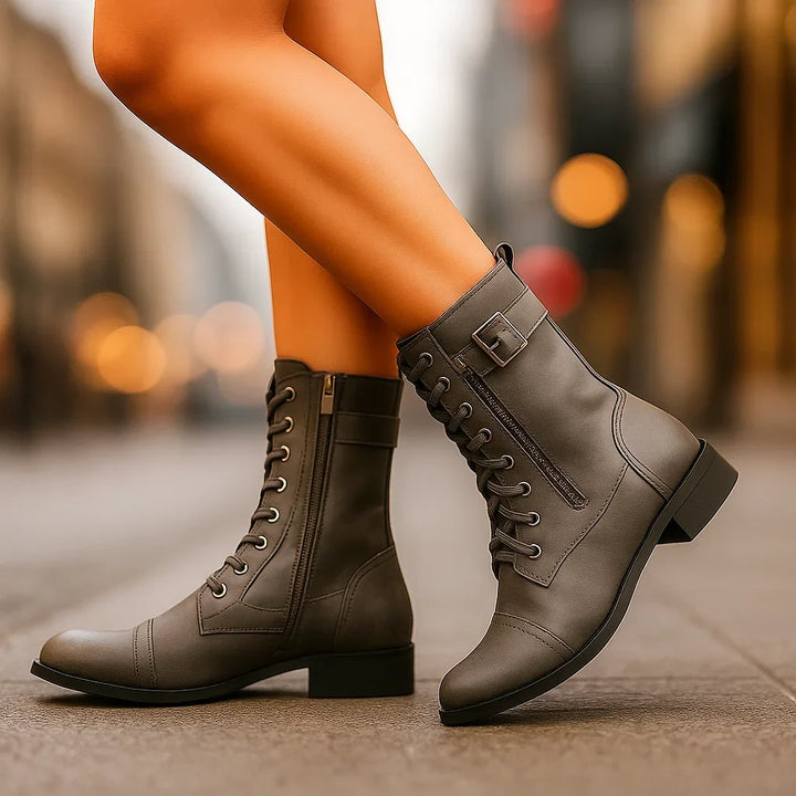 Brown Boots For Women | Mid Calf Lace Up Buckle Strap Leather