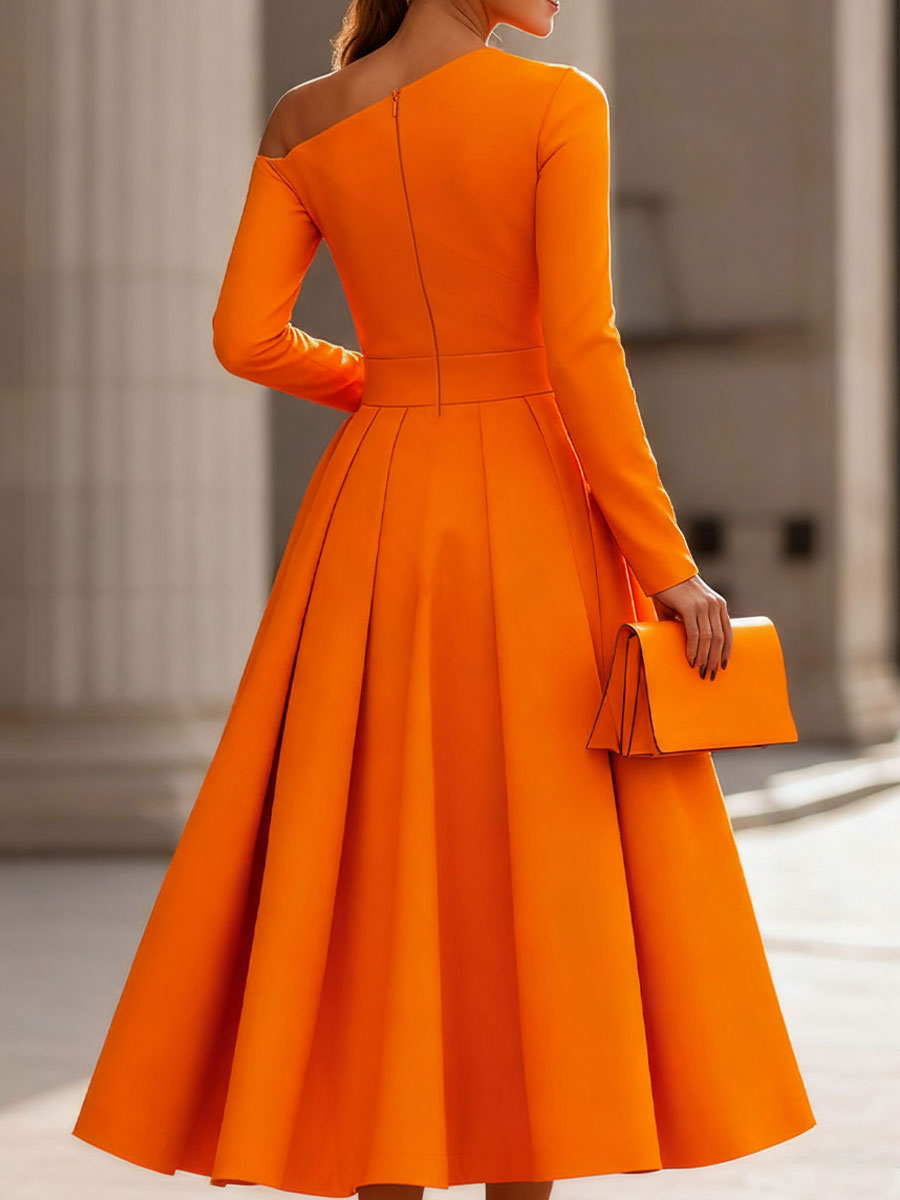 Women's Long Sleeve Dress | Midi One-Shoulder A-Line Pleated