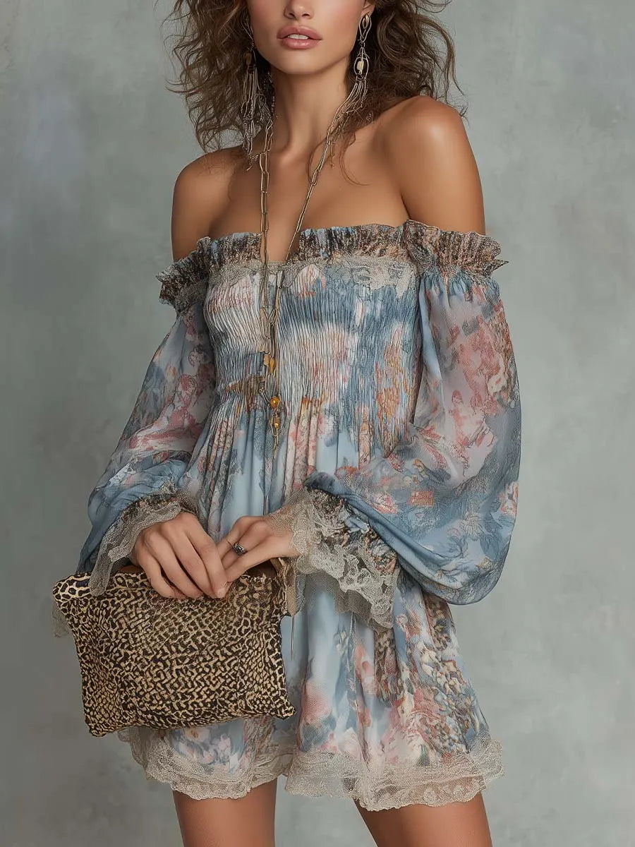 Women's Long Sleeve Mini | Off-Shoulder Smocked Floral Lace Trim