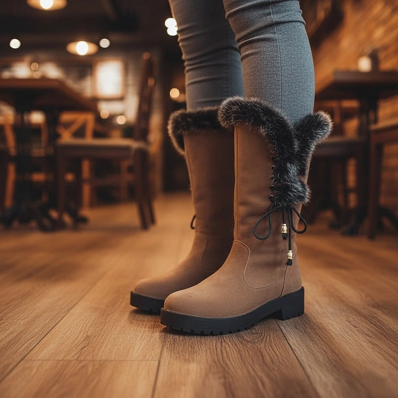 Women's Knee High Boots | Fur Trim Lace Up Block Heel Suede