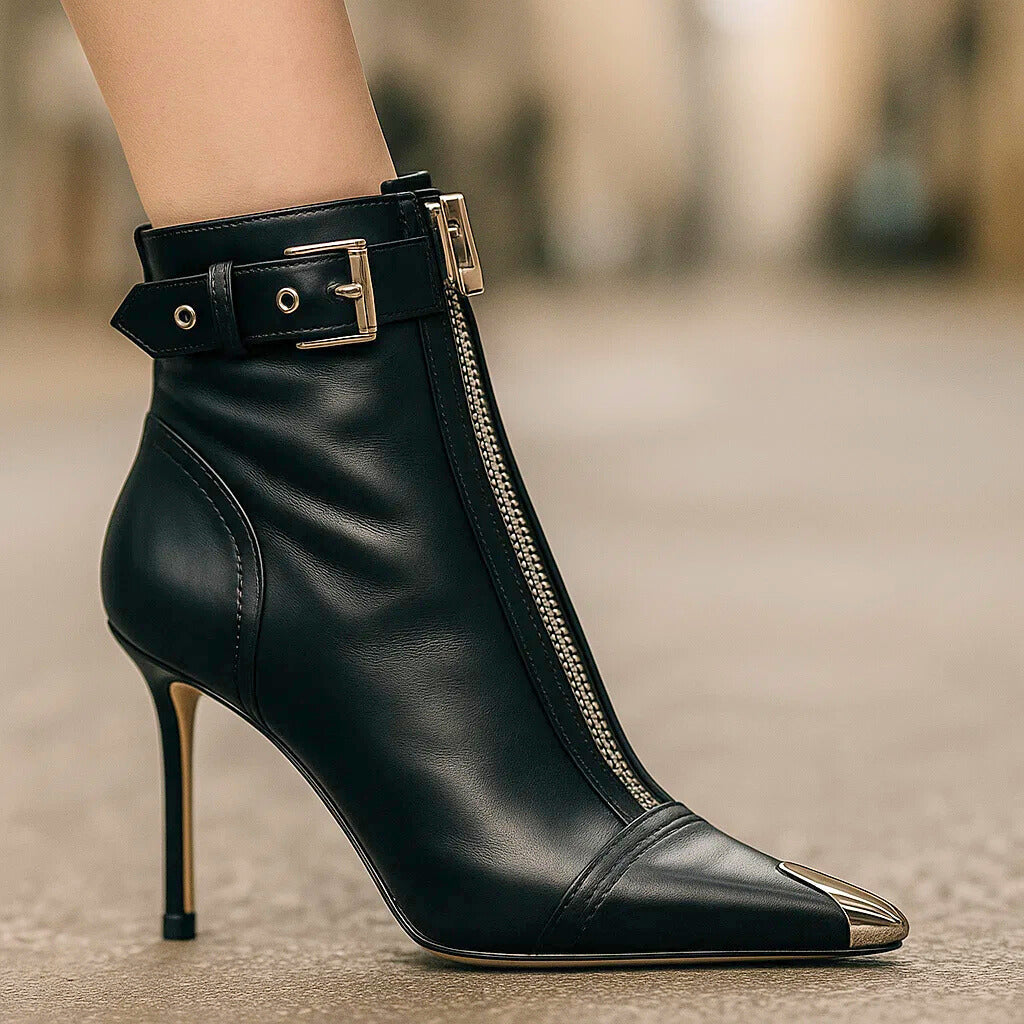 Black Boots For Women | Pointed Toe Front Zip Buckle Strap Stiletto Heel