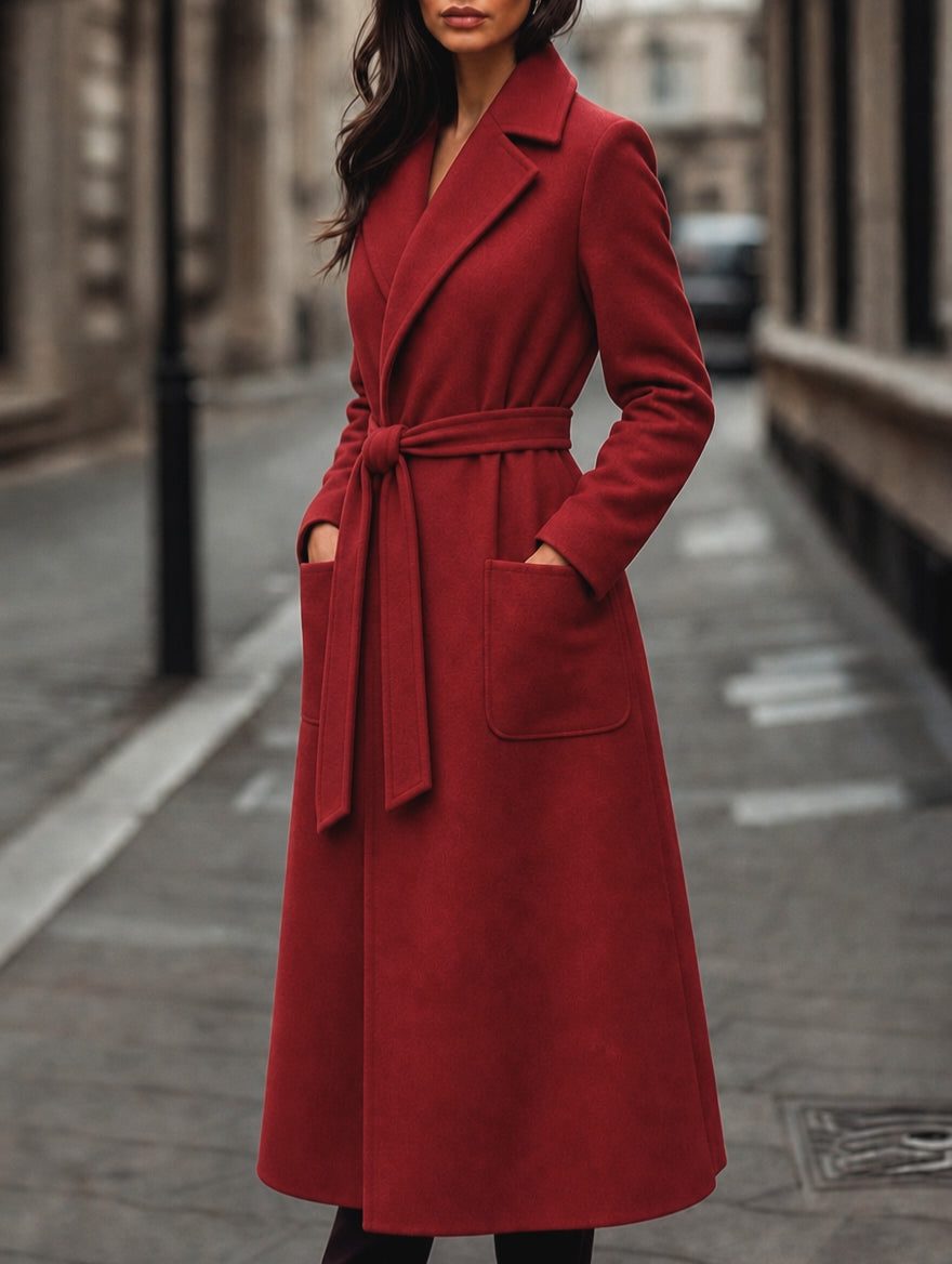 Women's Winter Coat | Notch Collar Belted Maxi Wool