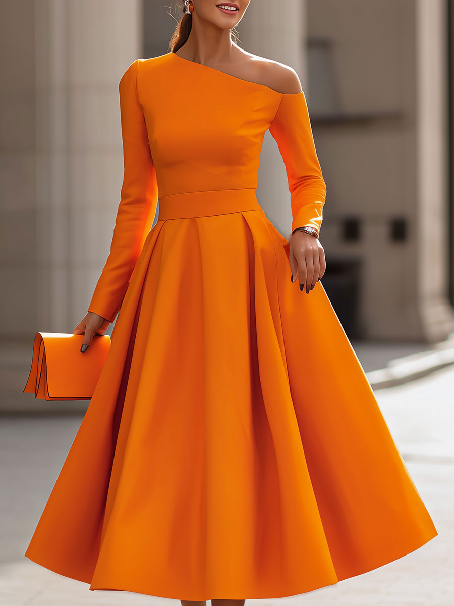 Women's Long Sleeve Dress | Midi One-Shoulder A-Line Pleated