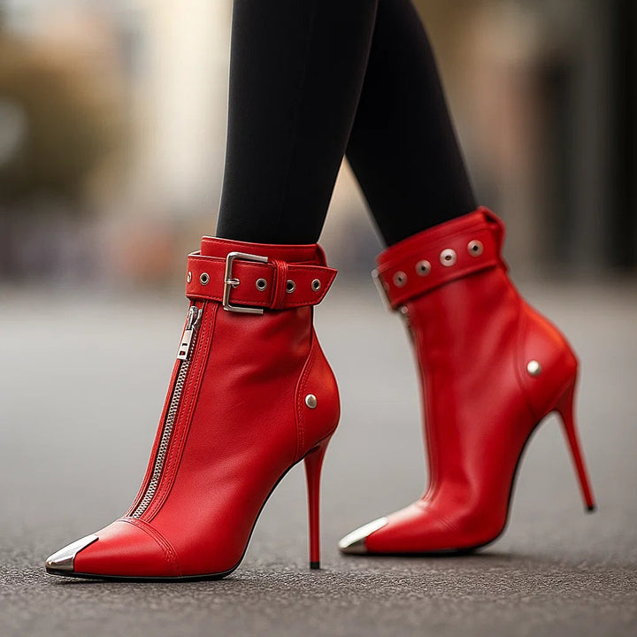 Black Boots For Women | Pointed Toe Front Zip Buckle Strap Stiletto Heel
