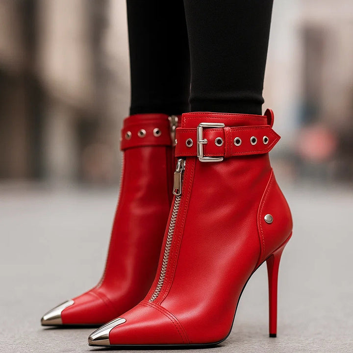 Black Boots For Women | Pointed Toe Front Zip Buckle Strap Stiletto Heel