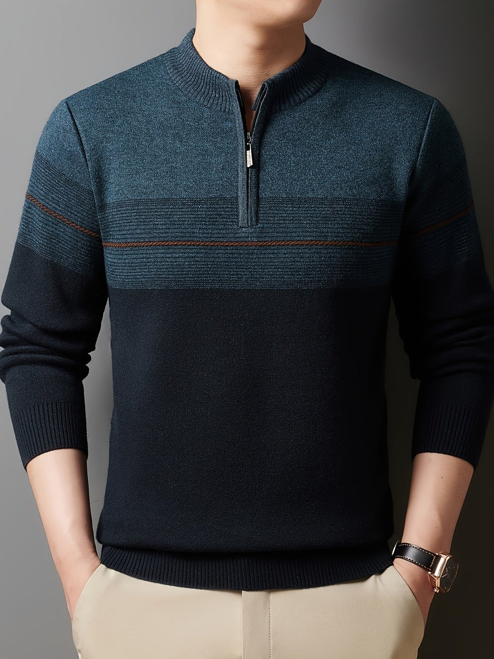 Men's Sweater | Quarter-Zip Mock Neck Striped Colorblock Knit