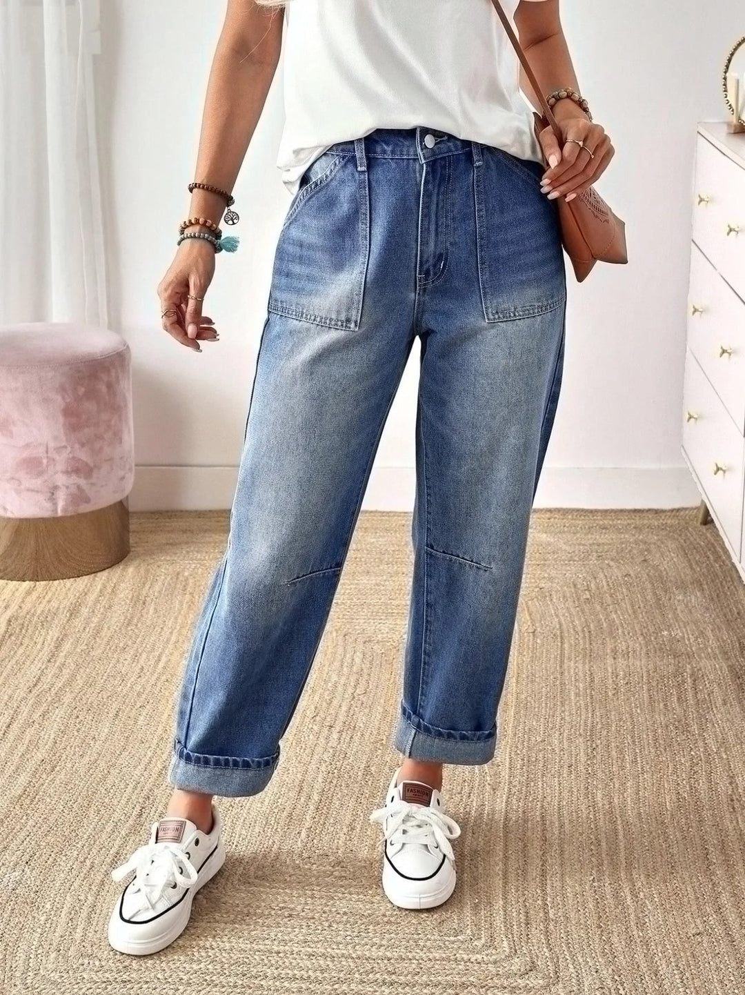 Women's Barrel Jeans | High Rise Straight Leg Patch Pockets Denim