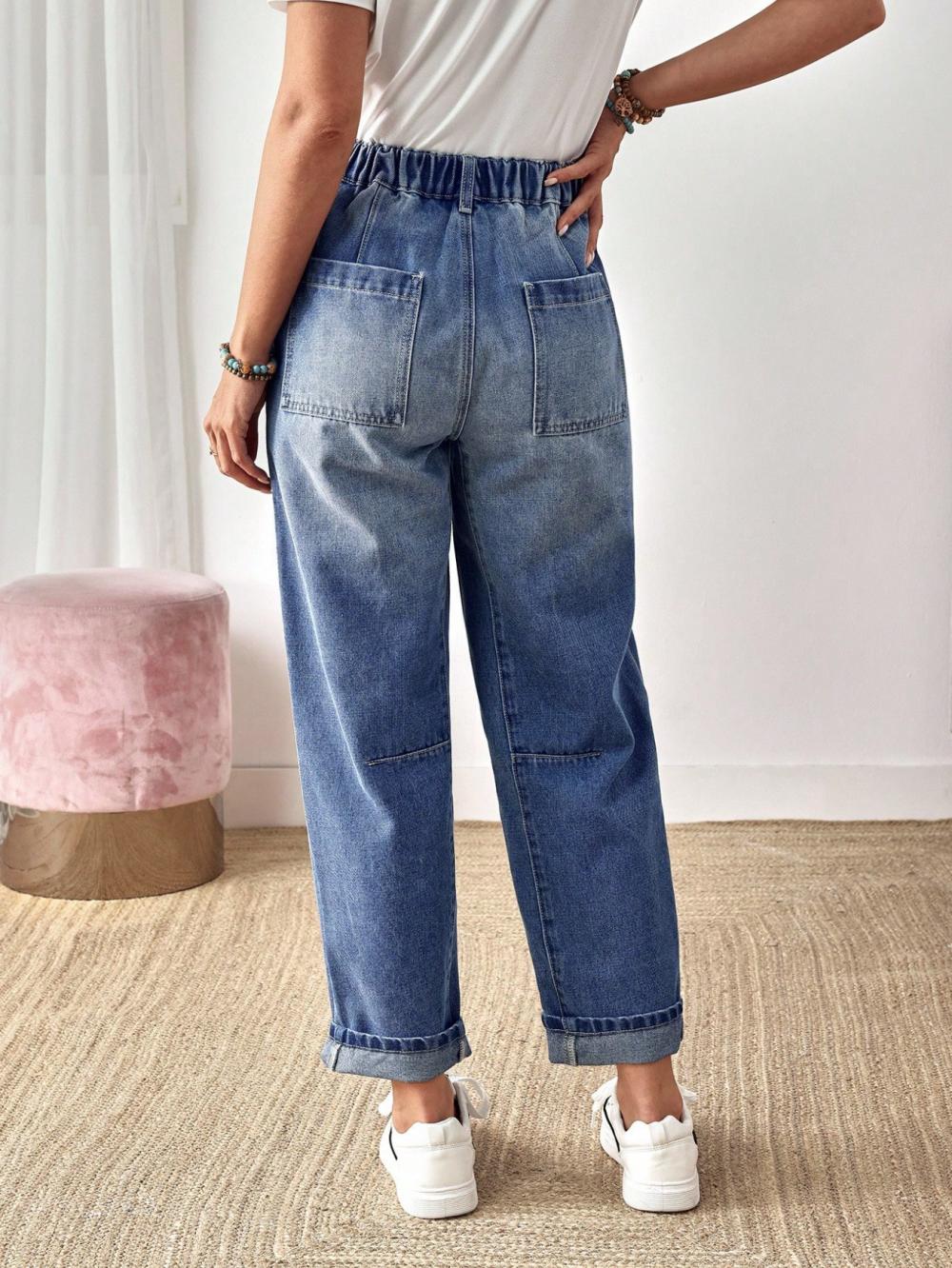 Women's Barrel Jeans | High Rise Straight Leg Patch Pockets Denim
