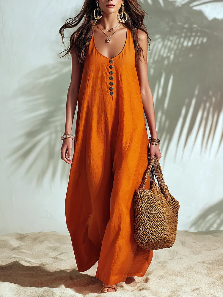 Women's Long Sleeveless Dress | U-Neck Maxi Linen Button Front