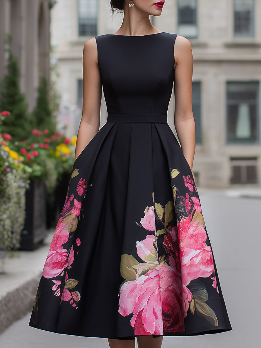 Danica | Black Floral A-Line Cocktail Midi Dress