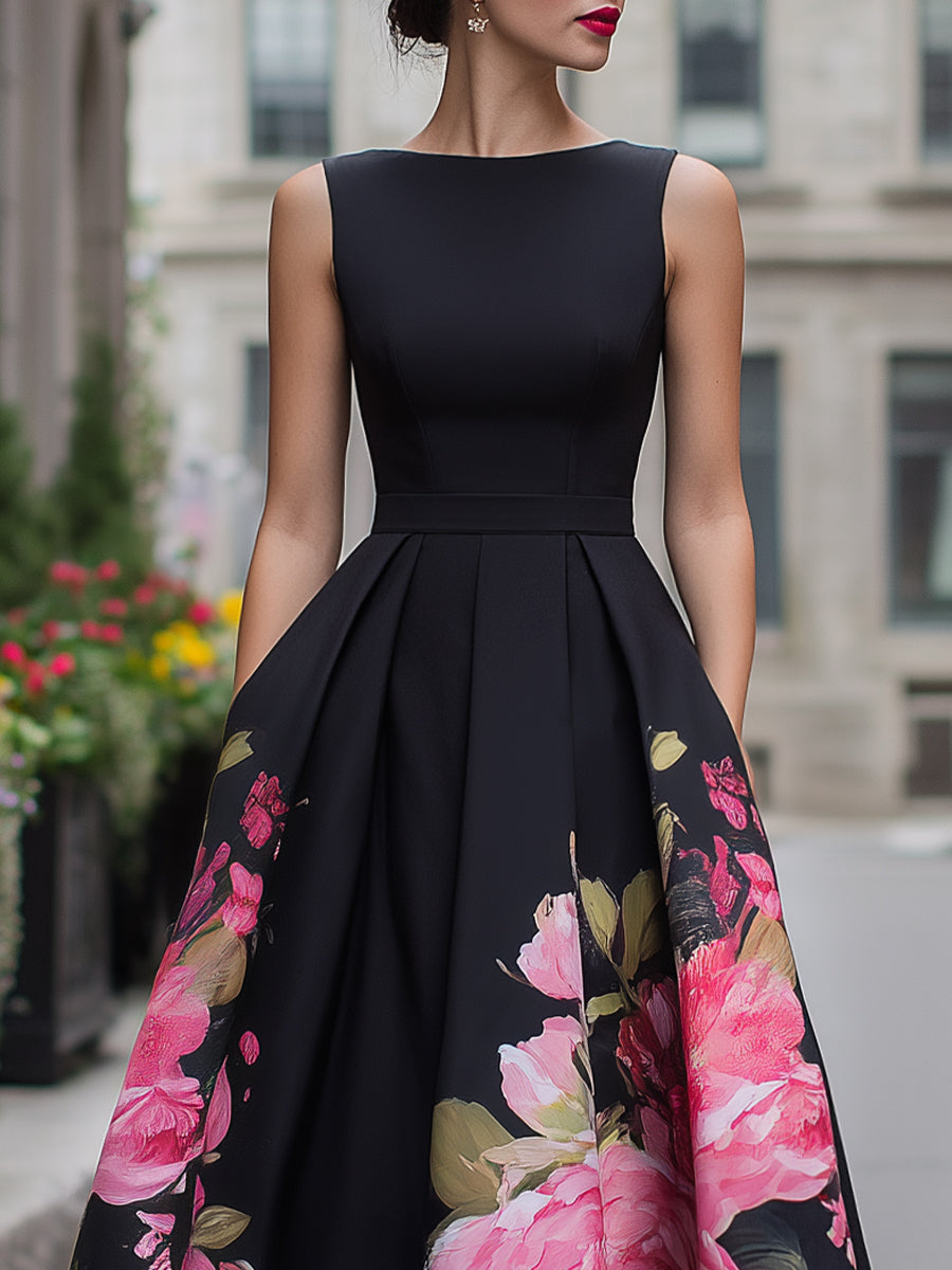 Danica | Black Floral A-Line Cocktail Midi Dress