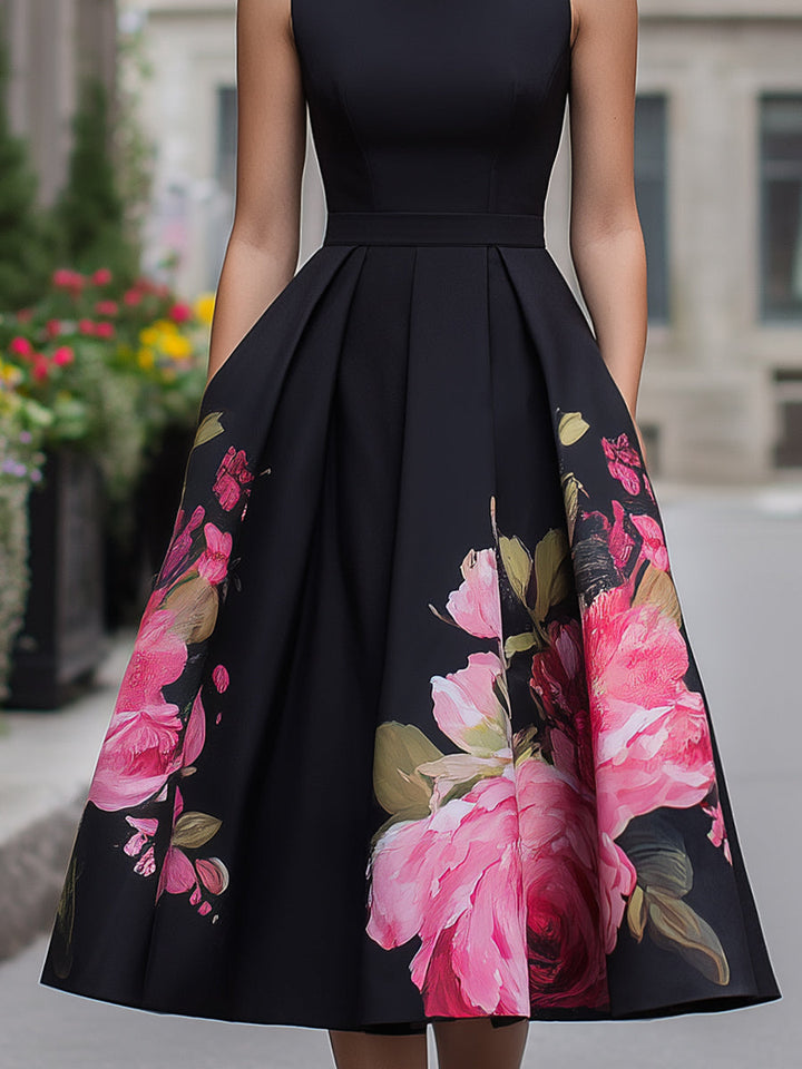 Danica | Black Floral A-Line Cocktail Midi Dress