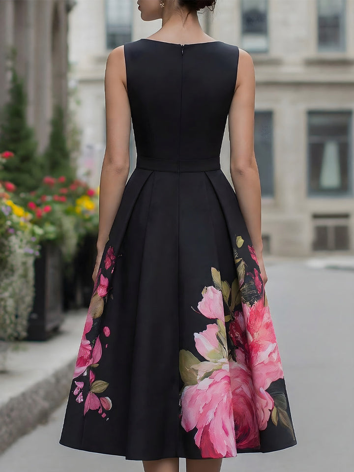Danica | Black Floral A-Line Cocktail Midi Dress