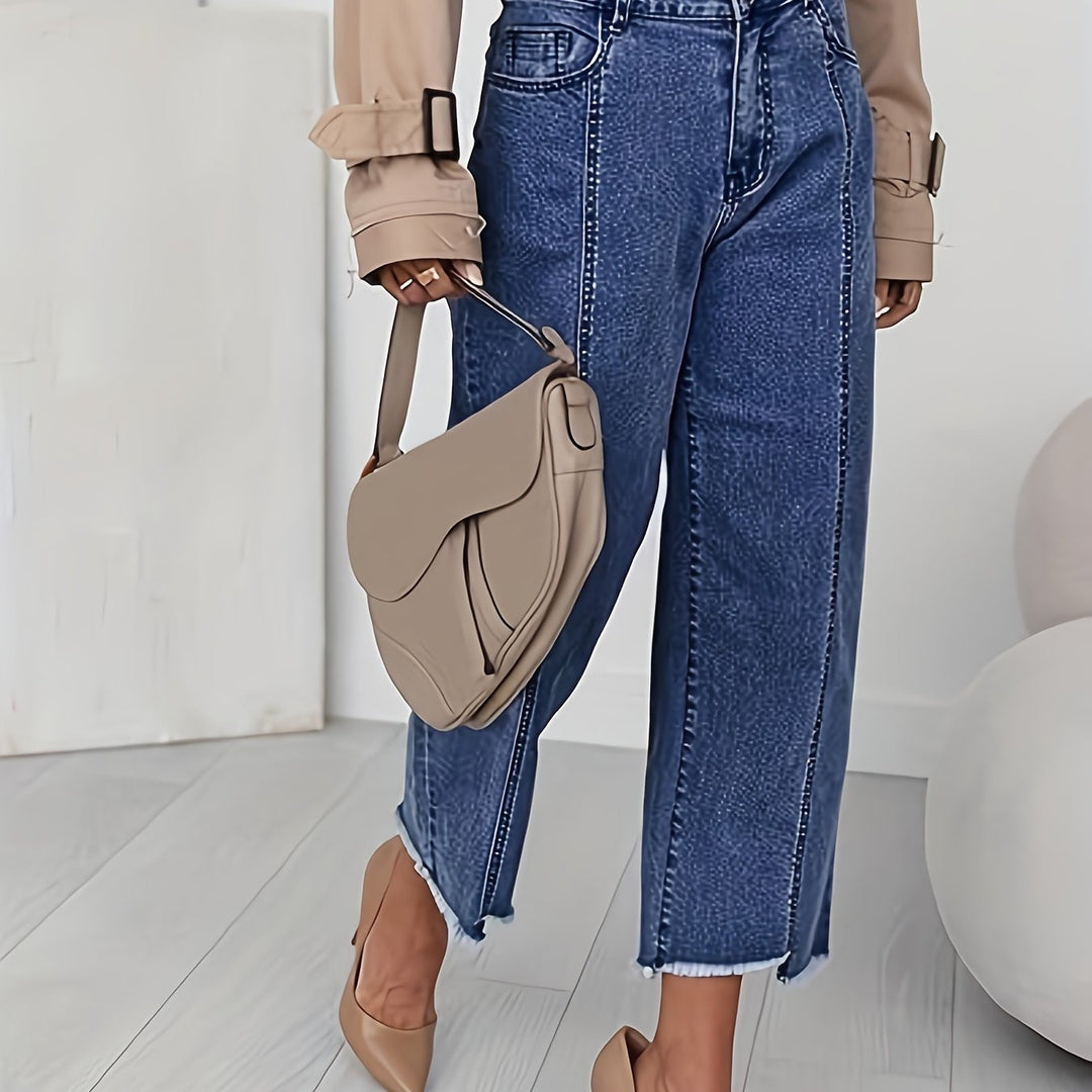 Women's Jeans | Cropped Wide Leg High Waist Frayed Hem Denim
