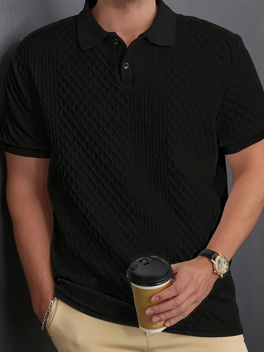 Men's Polo Shirt | Textured Collar Short Sleeve Button Closure