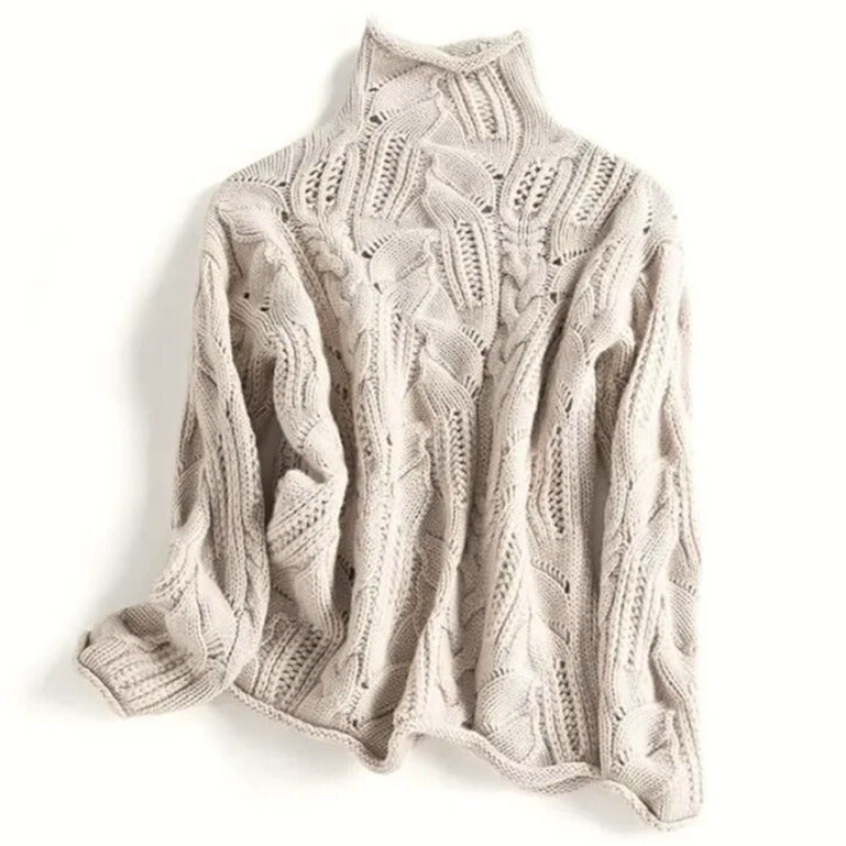 Women's Cashmere Sweater | Turtleneck Cable Knit Long Sleeve Relaxed Fit