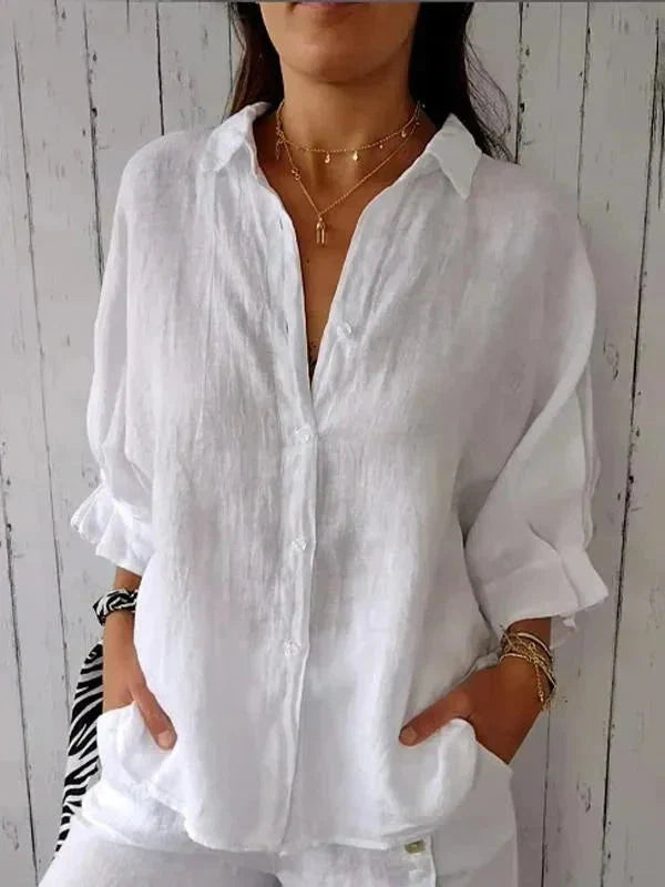 Clara | V-Neck Cotton Linen Blouse oaklynwear