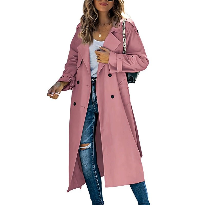 Women's Trench Coat | Double-Breasted Long Sleeves Belted