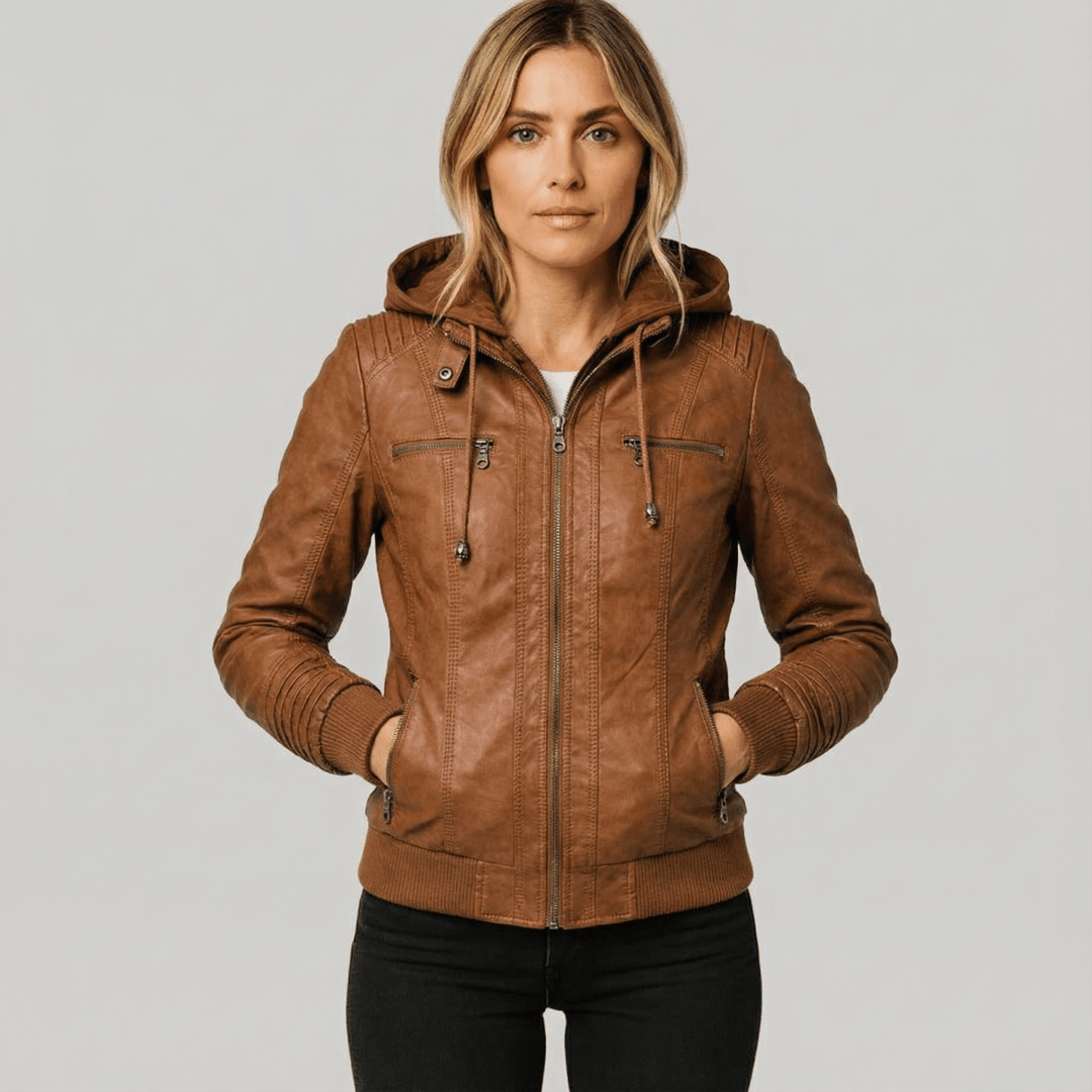 Women's Leather Jacket | Hooded Zip Closure Slim Fit Faux Leather