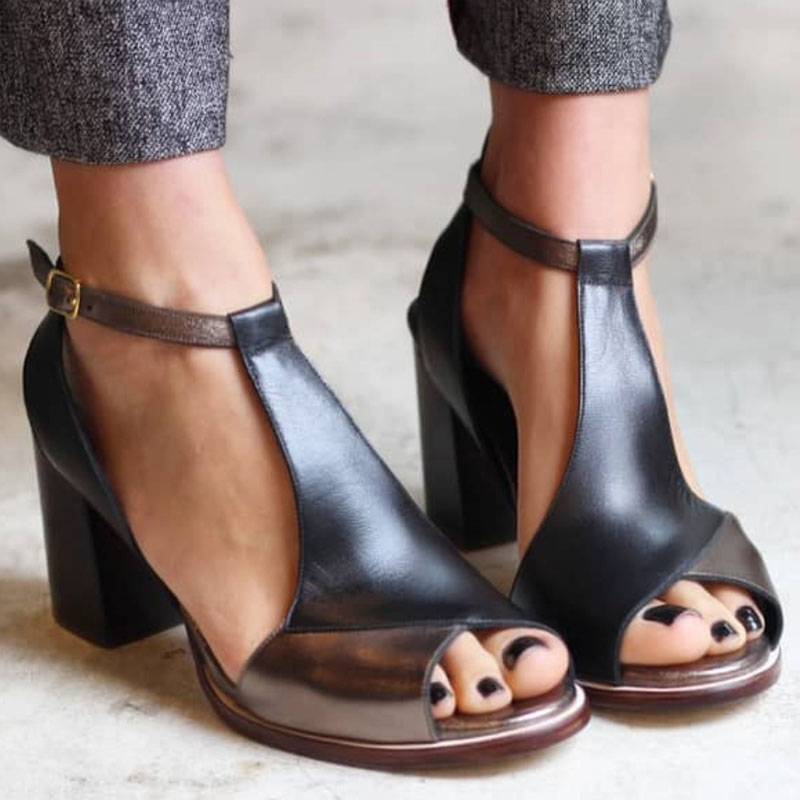 Women's Black Heels | Peep Toe T-Strap Block Heel Leather