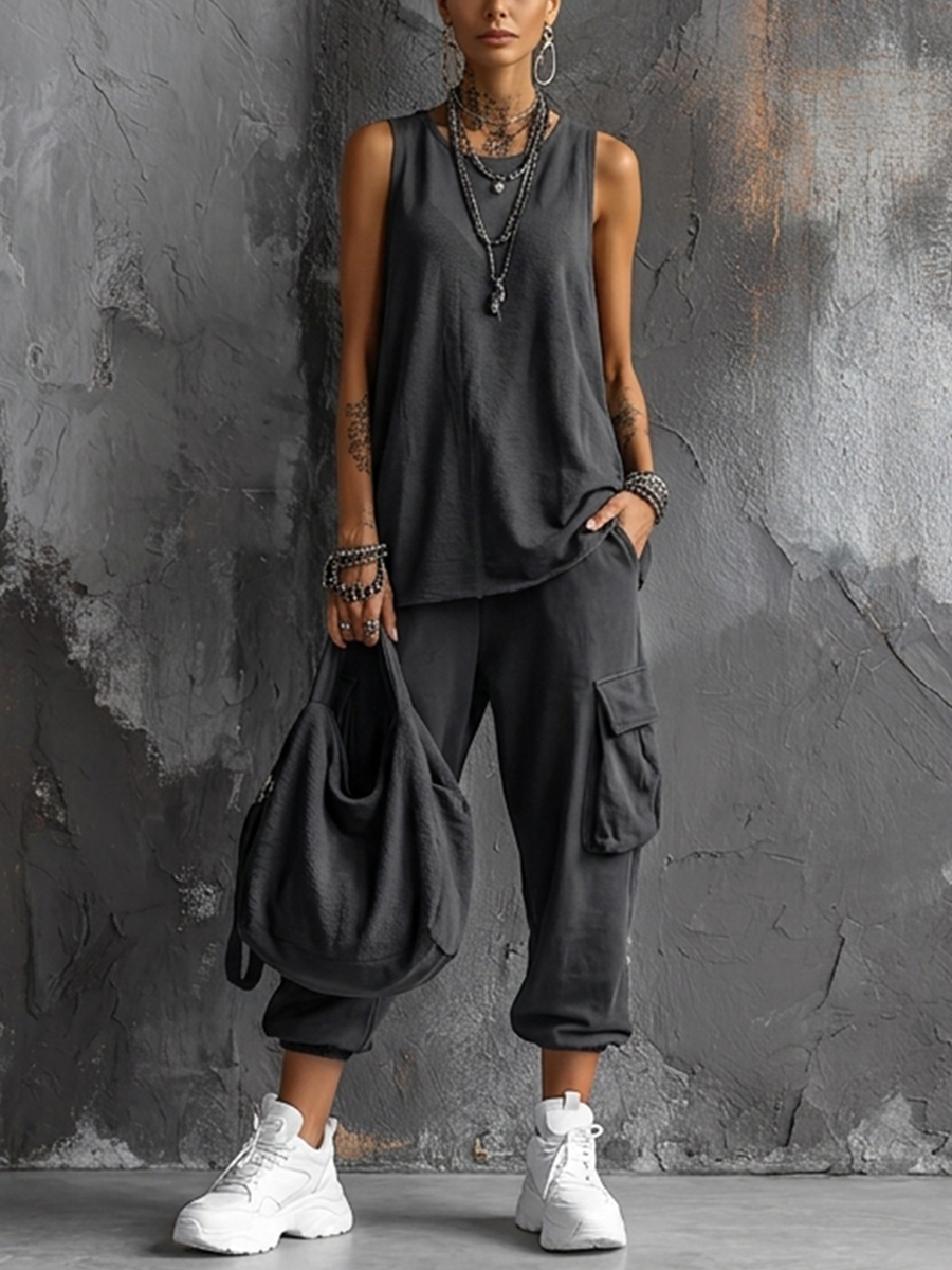 Women's Joggers Set | Round Neck Sleeveless Top Cargo Pockets Relaxed Fit