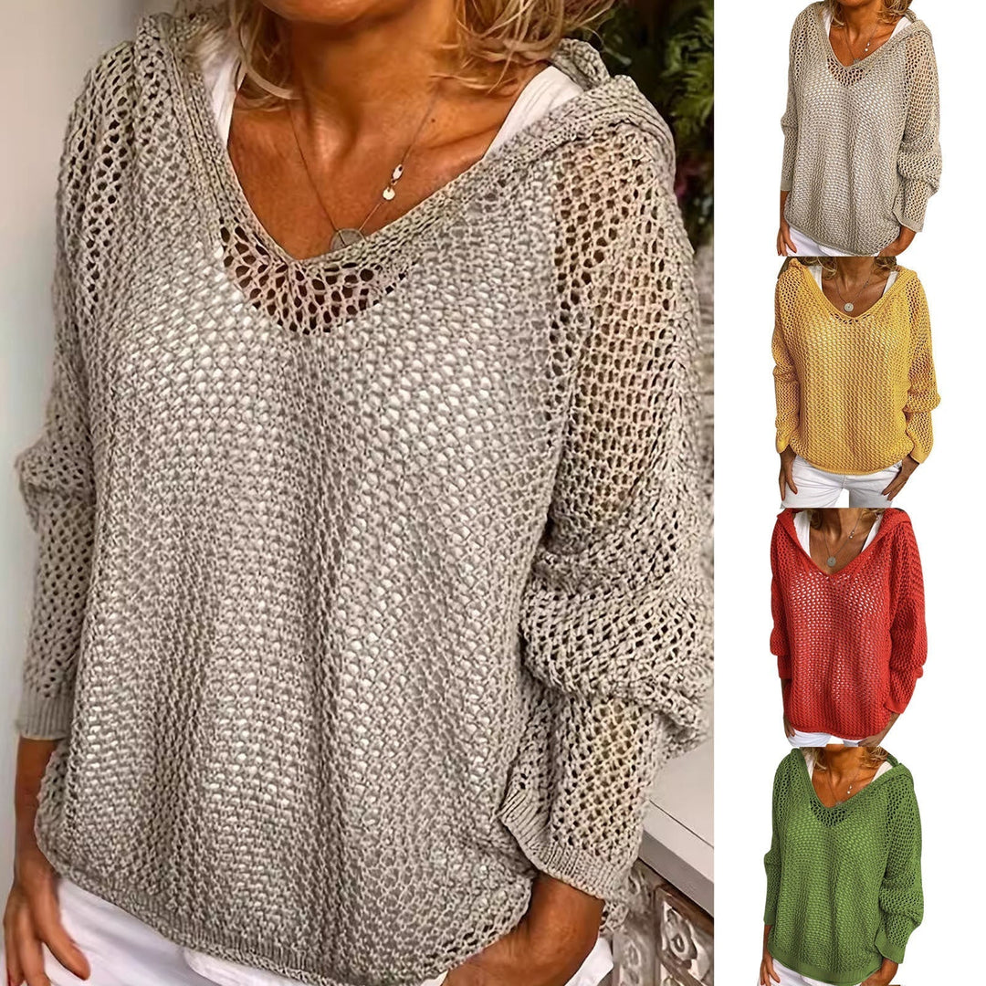 Women's Sweater | Hooded Open Knit Long Sleeve Relaxed Fit