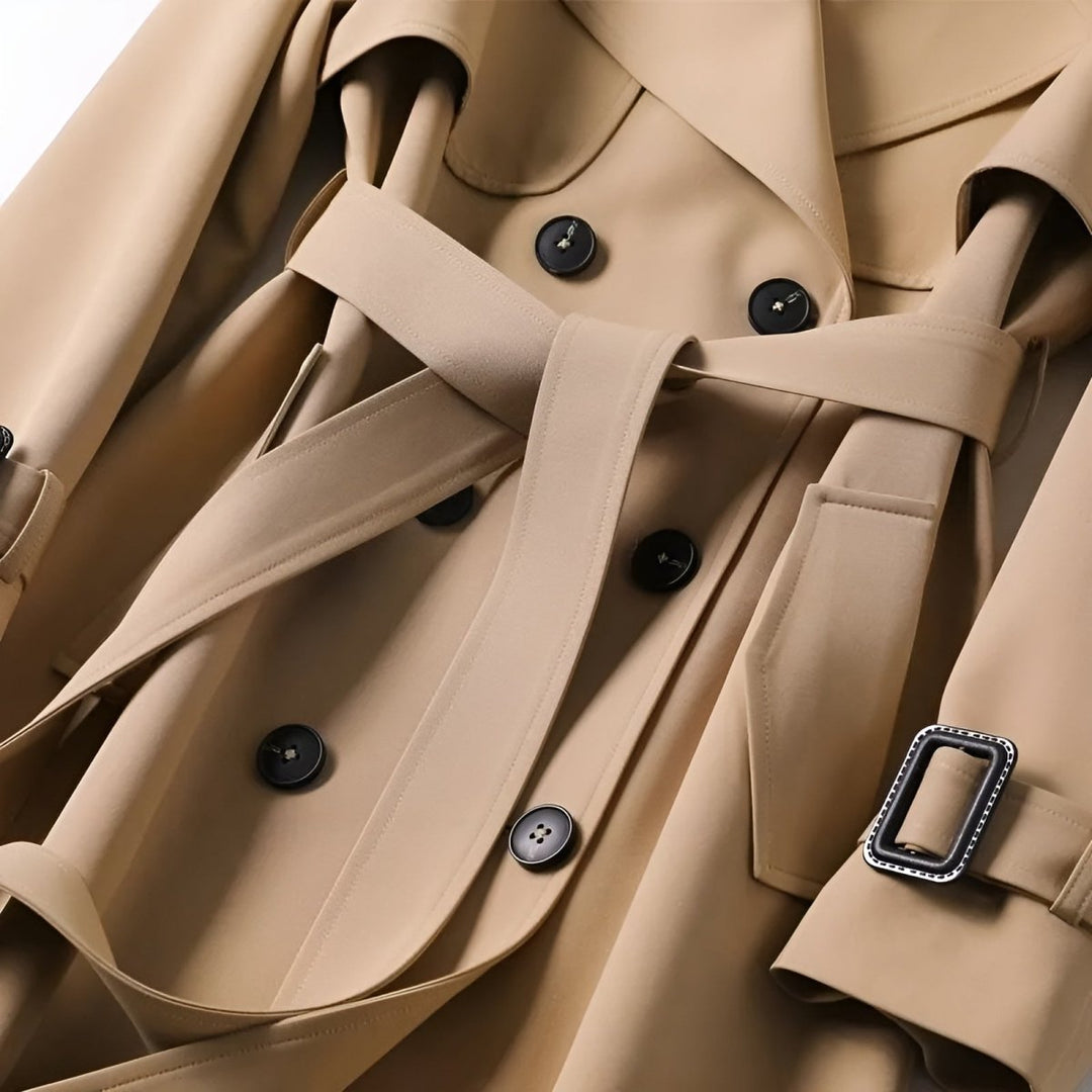 Women's Trench Coat | Belted Double-Breasted Notched Lapel Longline