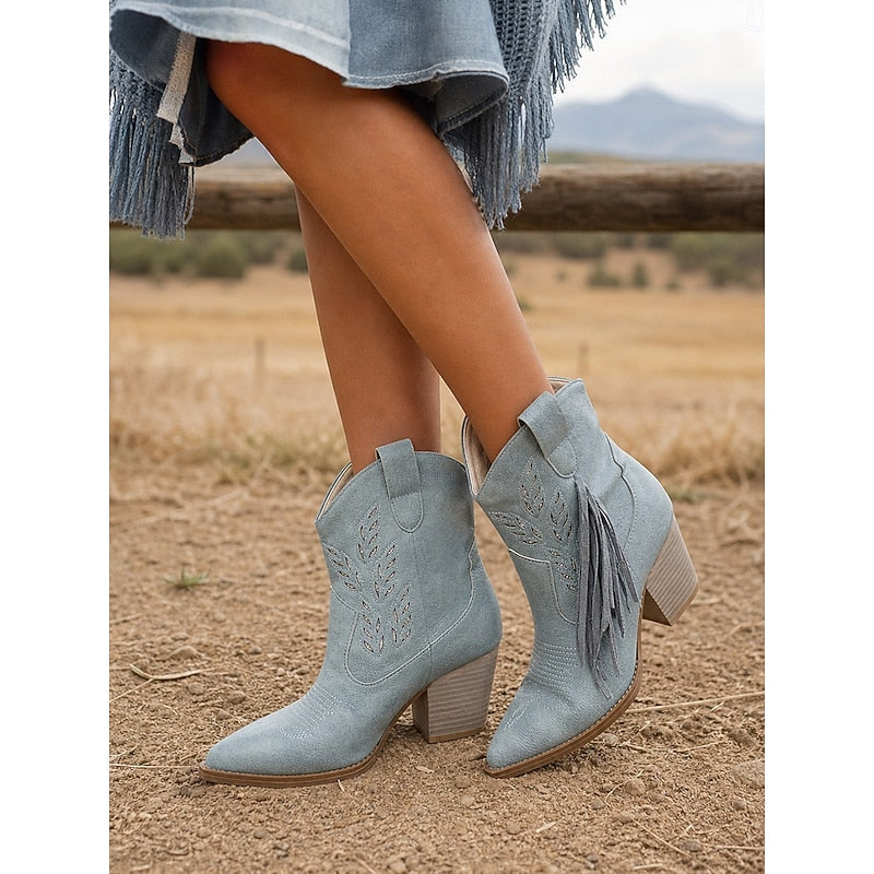 Women's Boots | Pointed Toe Block Heel Tassel Stitched Suede