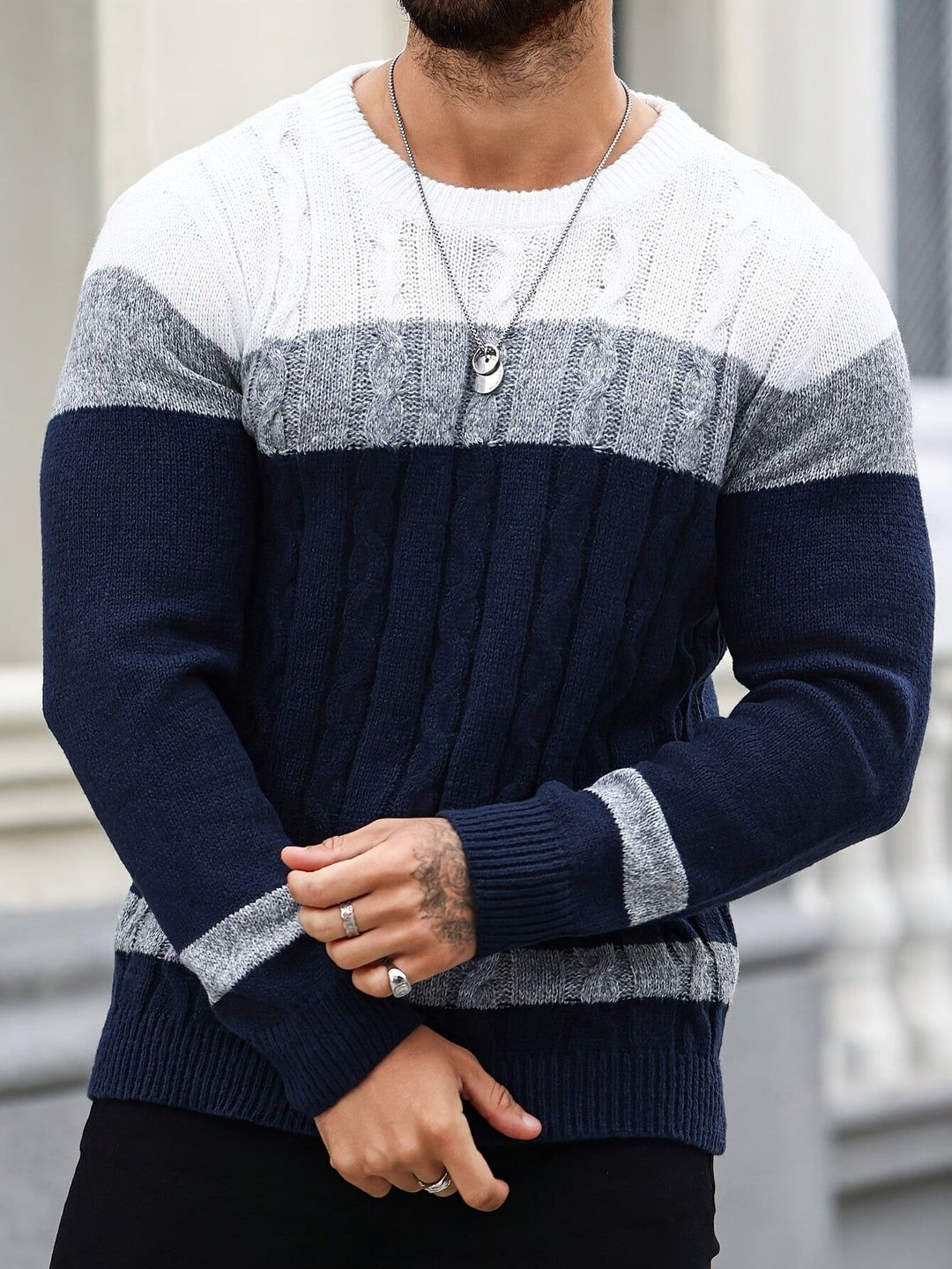 Men's Sweater | Color Block Cable Knit Crew Neck Long Sleeve
