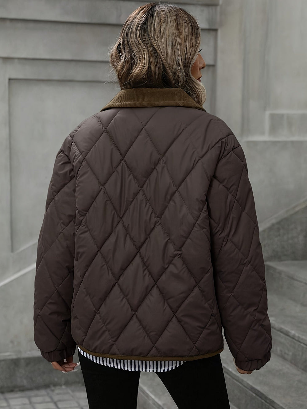 Women's Puffer Jacket | Diamond Quilted Collar Pockets