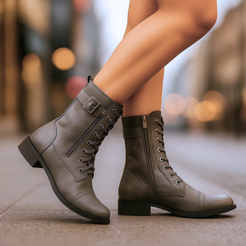 Brown Boots For Women | Mid Calf Lace Up Buckle Strap Leather
