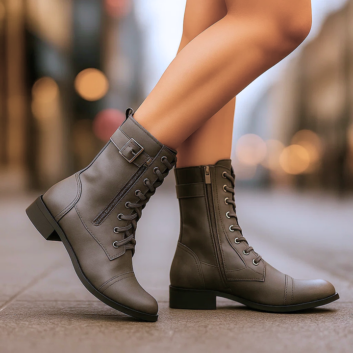 Brown Boots For Women | Mid Calf Lace Up Buckle Strap Leather