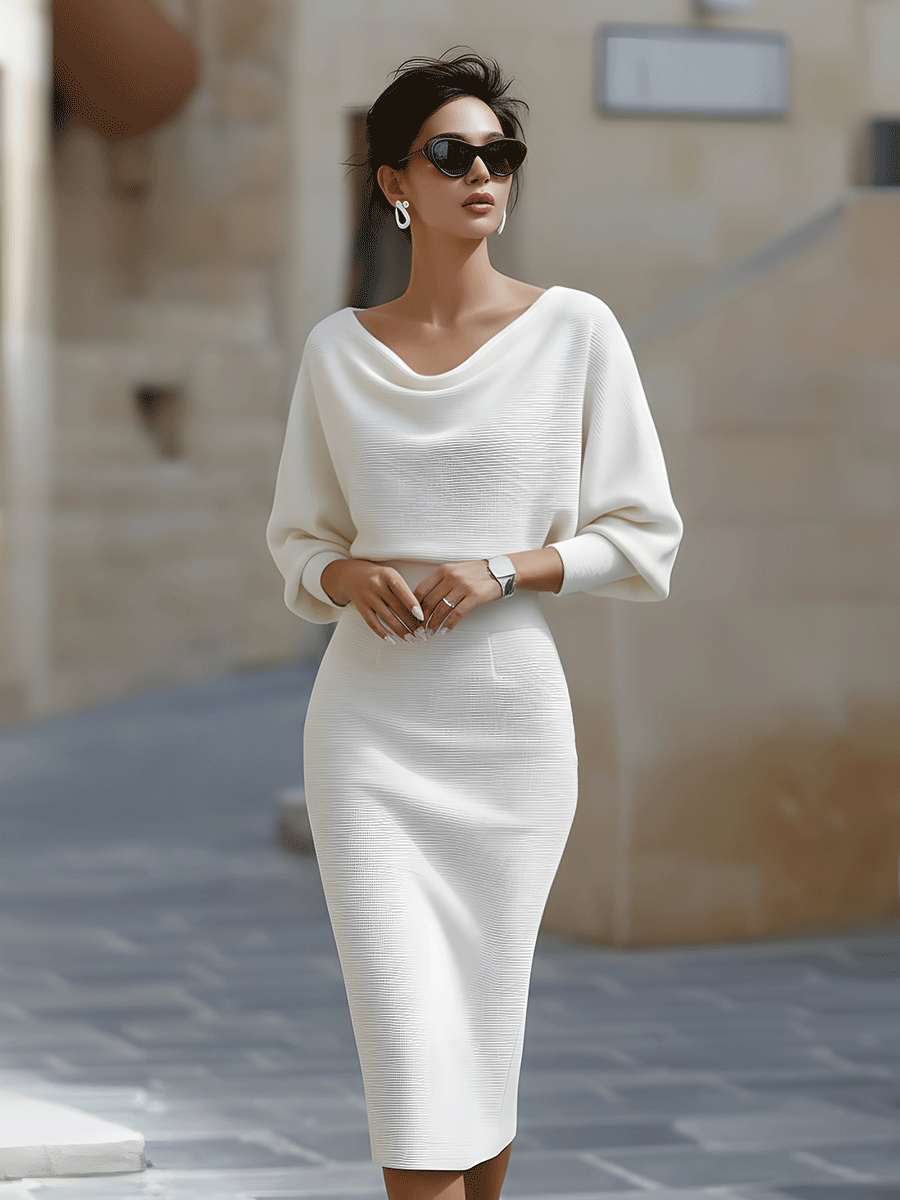 Women's Black Little Black Dress | Midi Cowl Neck Knit Bodycon