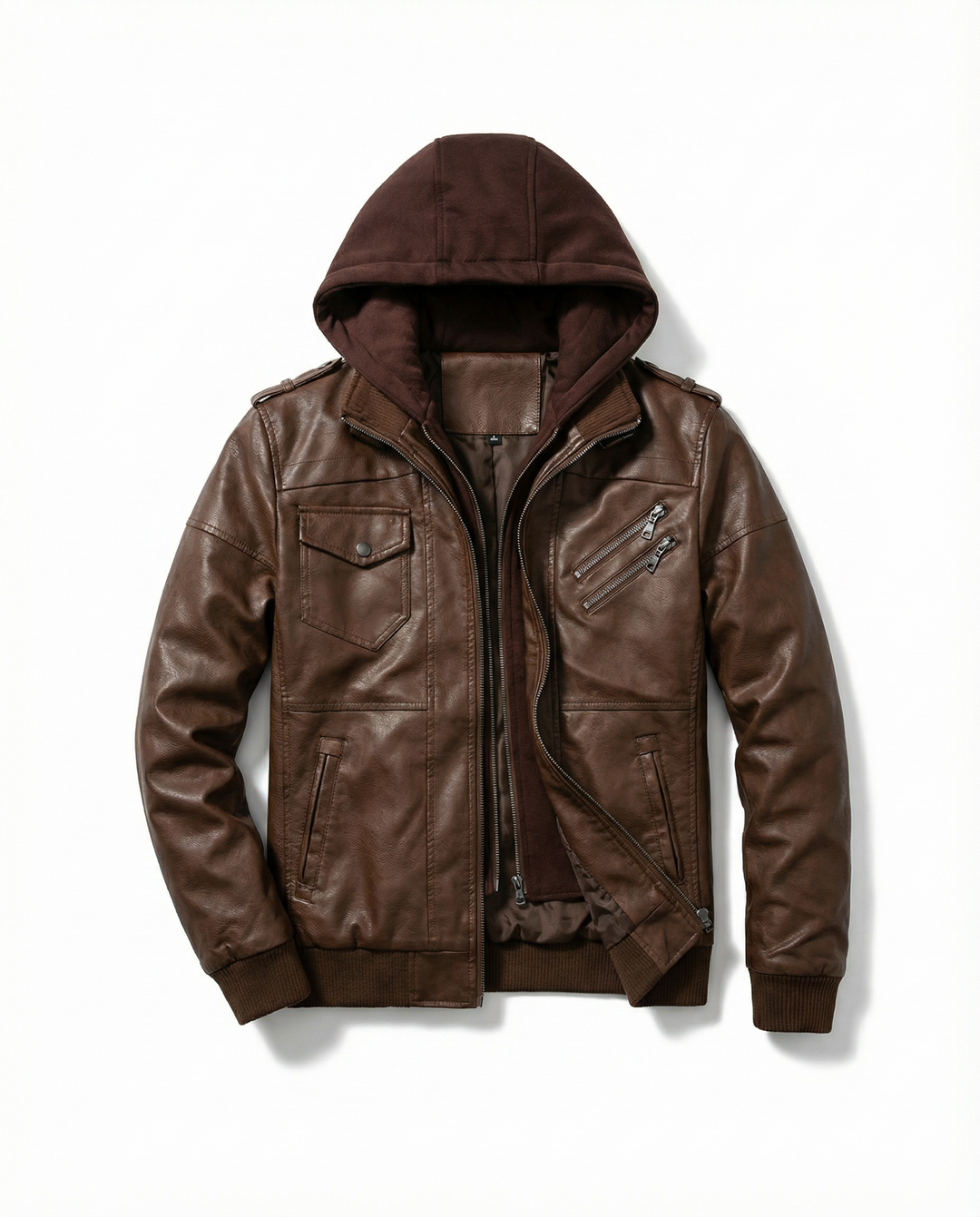 Men's Leather Jacket | Hooded Zip Closure Ribbed Cuffs