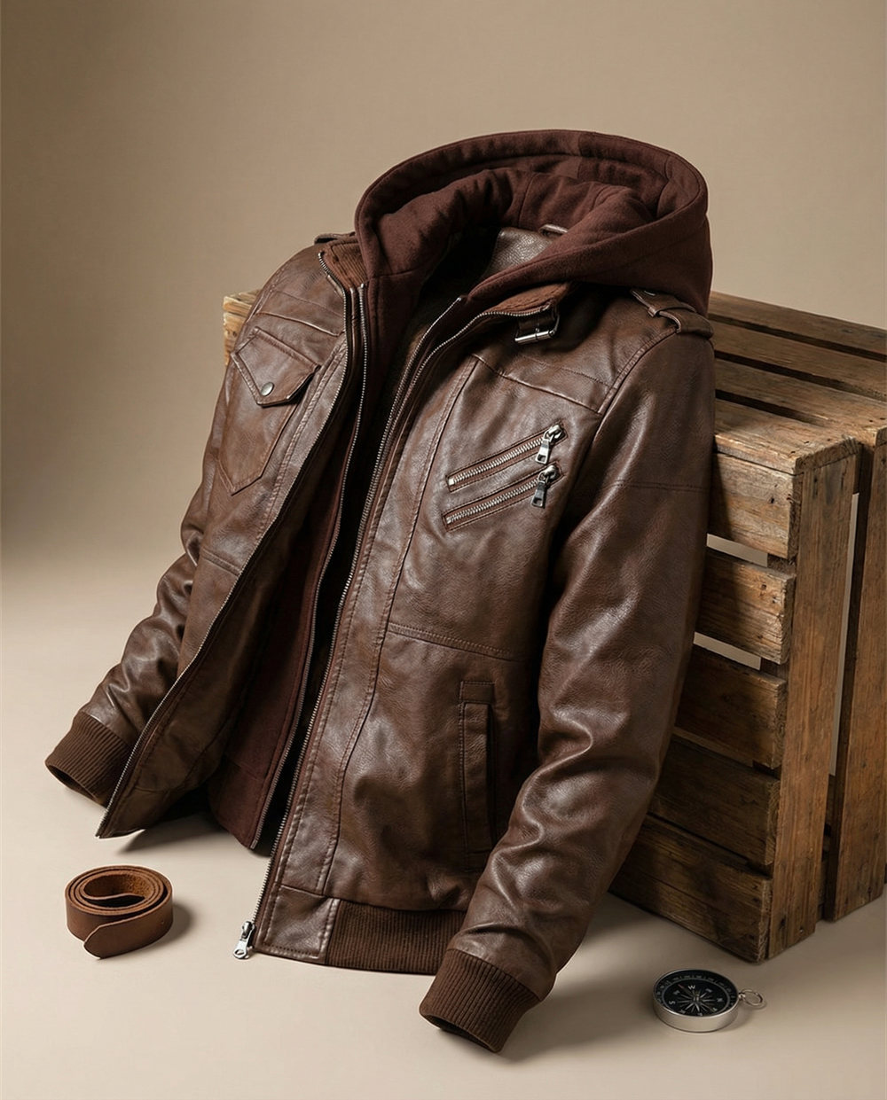 Men's Leather Jacket | Hooded Zip Closure Ribbed Cuffs