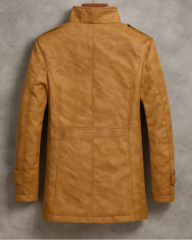Men's Leather Jacket | Stand Collar Faux Fur Lined Slim Fit Long