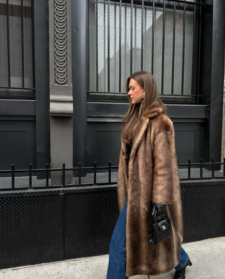 Women's Fur Coat | Long Silhouette Relaxed Fit Shawl Collar