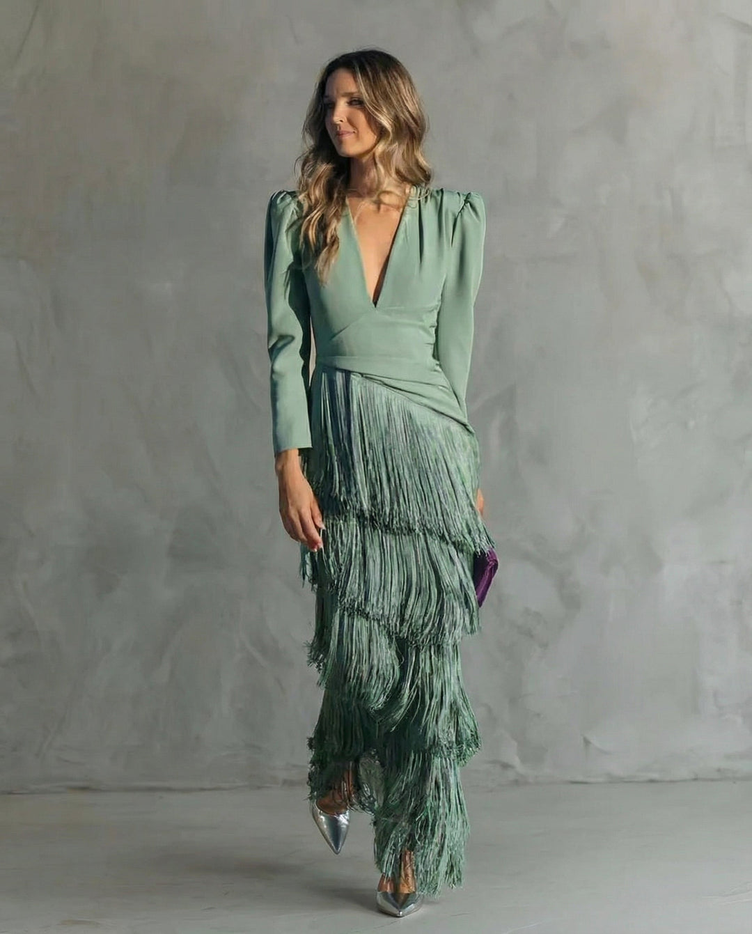 Women's Long Sleeve Dress | Maxi V-Neck Fringe Tiered Silhouette