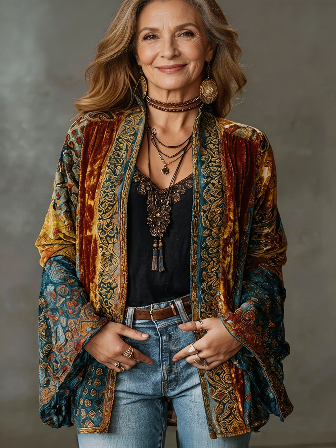 Women's Jacket | Open Front Velvet Kimono Long Sleeve Paisley Print
