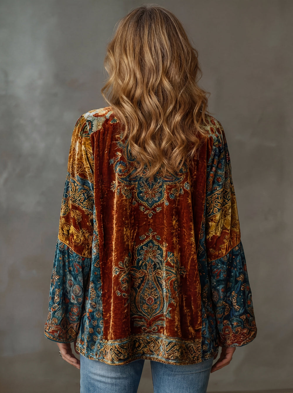 Women's Jacket | Open Front Velvet Kimono Long Sleeve Paisley Print
