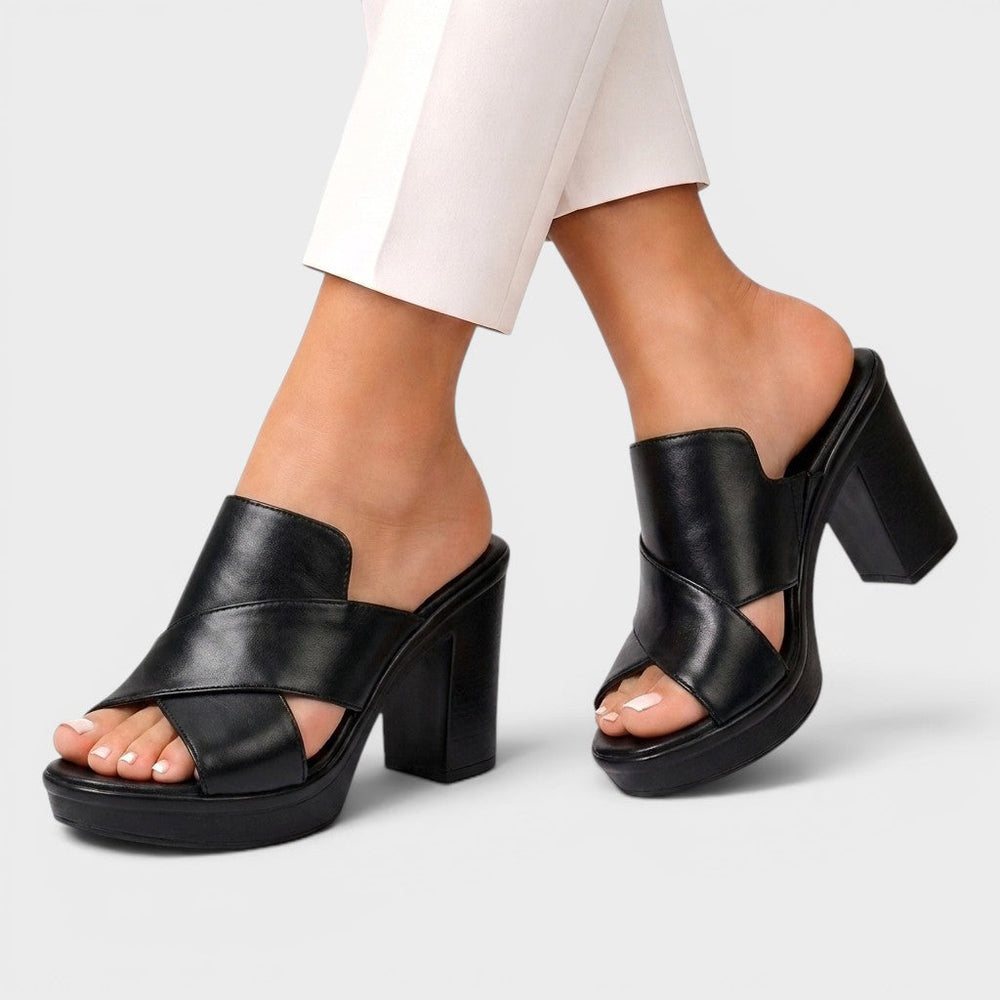 Black Heels For Women | Open Toe Block Heel Crisscross Platform