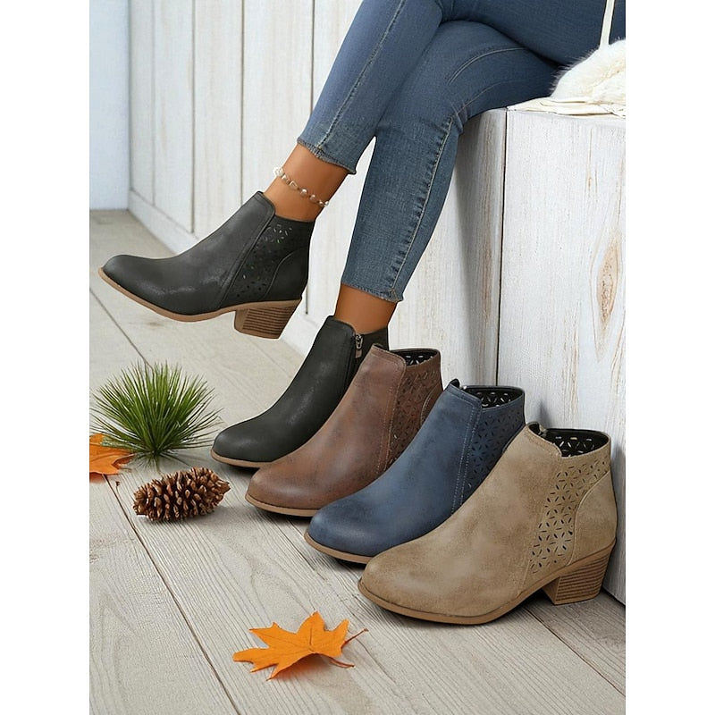 Women's Work Boots | Ankle Cutout Block Heel Zip Closure