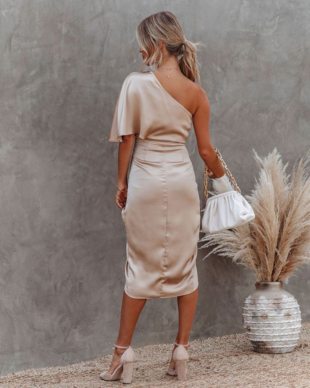 Women's Silk Cocktail Dress | One Shoulder Midi Draped Satin