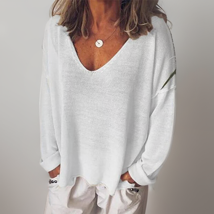 Women's Long Sleeve Shirt | V-Neck Knit Oversized Fit Dropped Shoulder