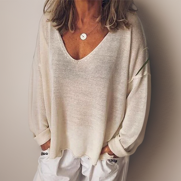Women's Long Sleeve Shirt | V-Neck Knit Oversized Fit Dropped Shoulder