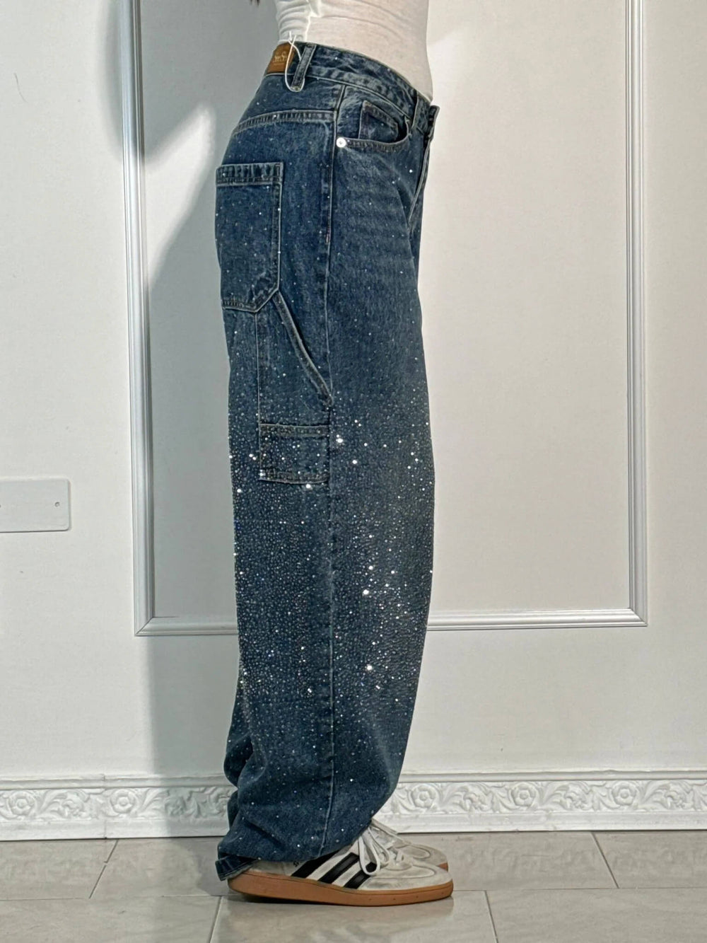 Women's Barrel Jeans | High Waist Cargo Pockets Rhinestone Denim